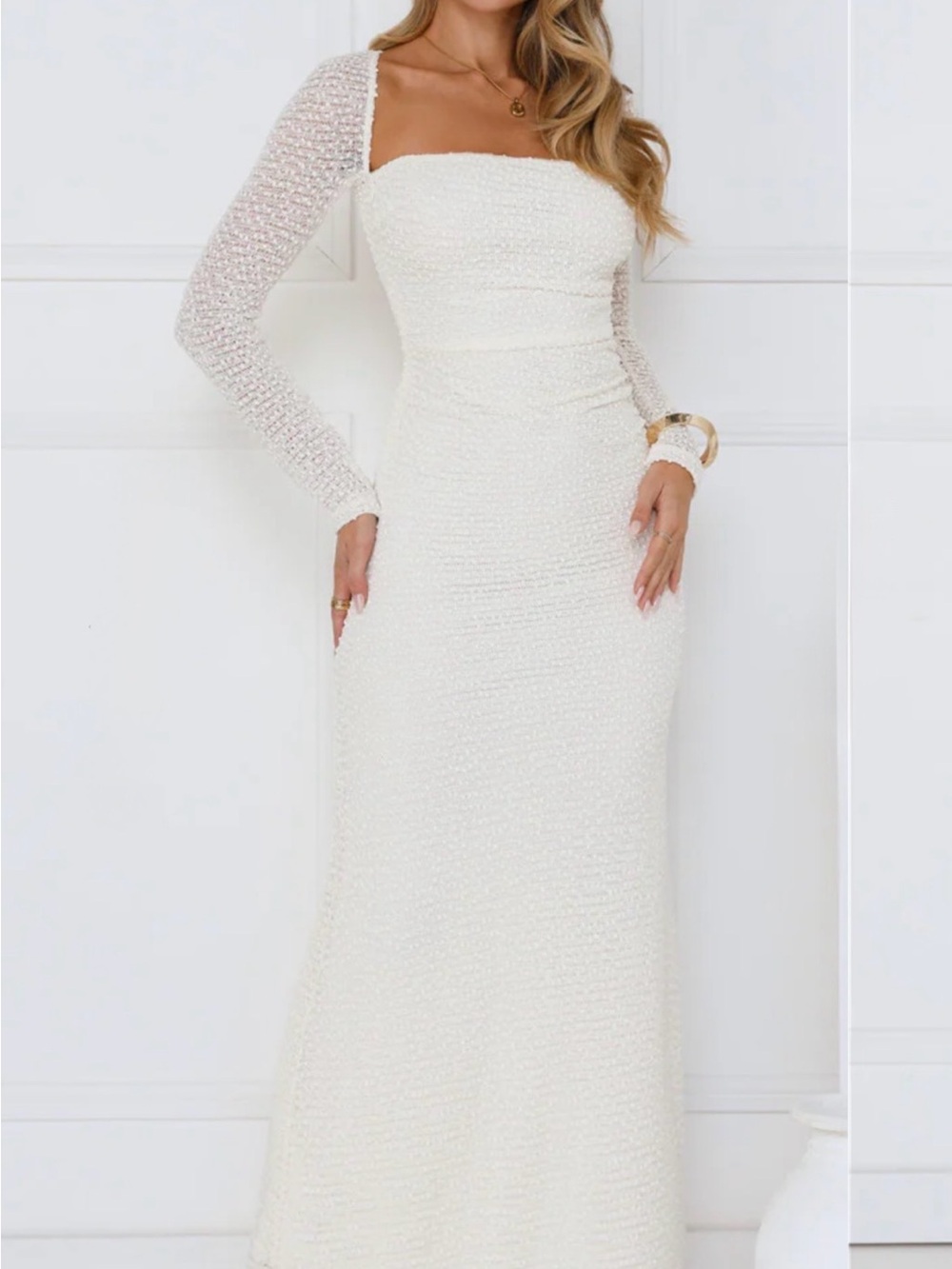 Elegant White Long Sleeve Square Neck Evening Dress